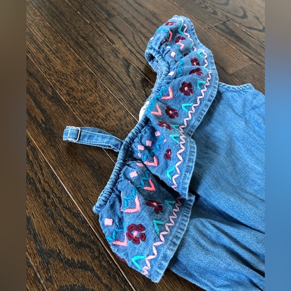 abercrombie kids Girls 5-6Y Denim One Shouldered Romper w/Pockets & Embroidery - Picture 2 of 11